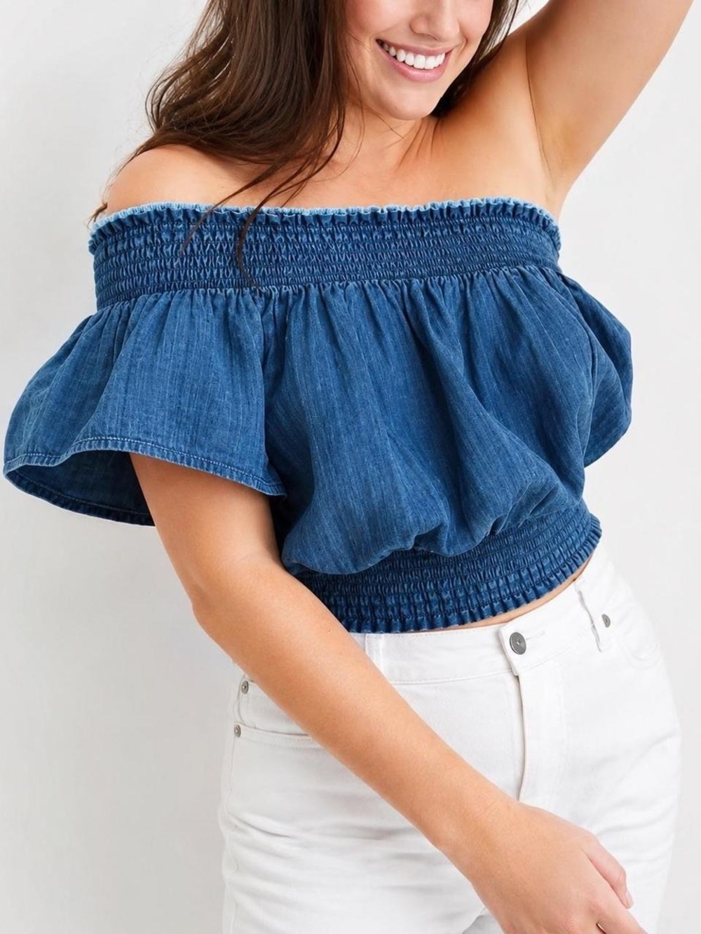 NWT Aerie Off-Shoulder Smocked Denim Crop Top